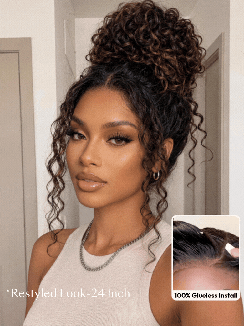 UNice Bye-Bye Knots 7x5 Lace Water Wave Black Wig With Golden Brown Highlights & Natural Black 150% Density Perfect Beach Look for Summer