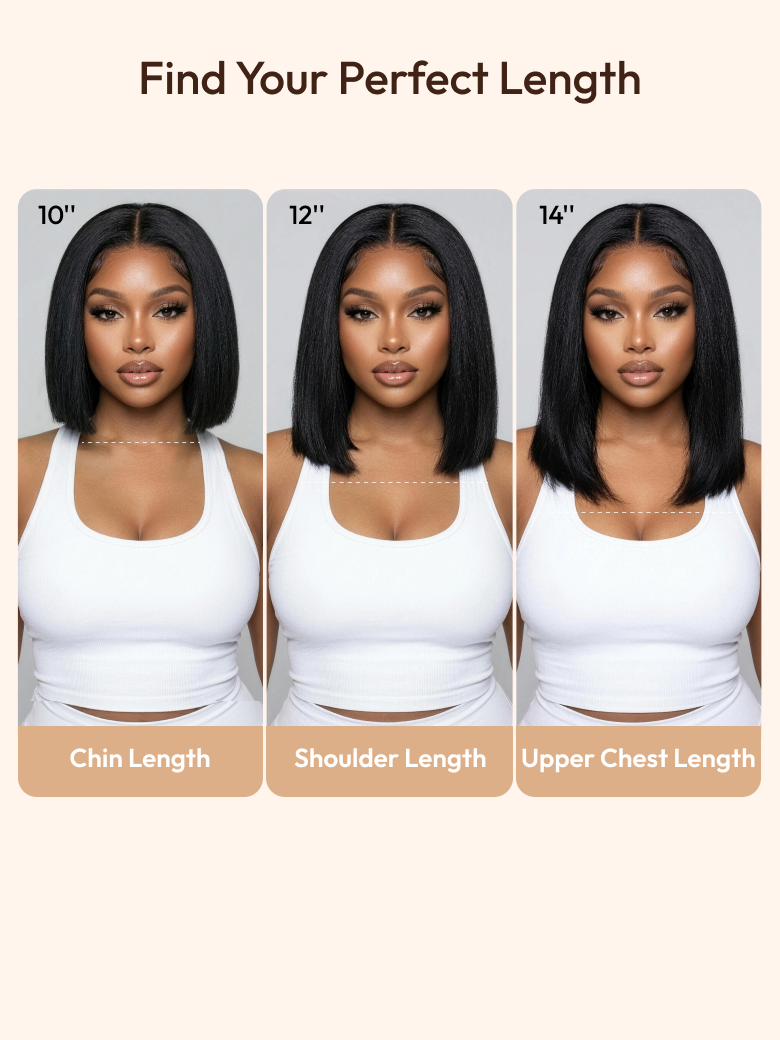 UNice yaki straight short bob wig chart comparing 10-inch chin length, 12-inch shoulder, and 14-inch upper chest options.