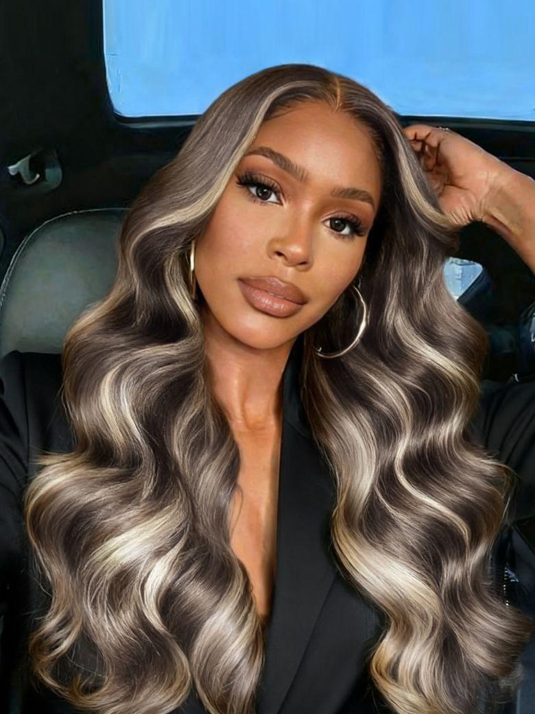 A model displays the UNice 13x4 Pre-Everything Lace No Slip Frontal Ash Brown Blonde Highlights Loose, showing a model with long grey hair and a black suit and loose.
