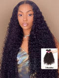 A model displays the UNice Deep Wave Malaysian Remy Hair 3 Bundles Deal Free Fast Shipping, showing brazilian deep wave hair bundles and deep wave texture.