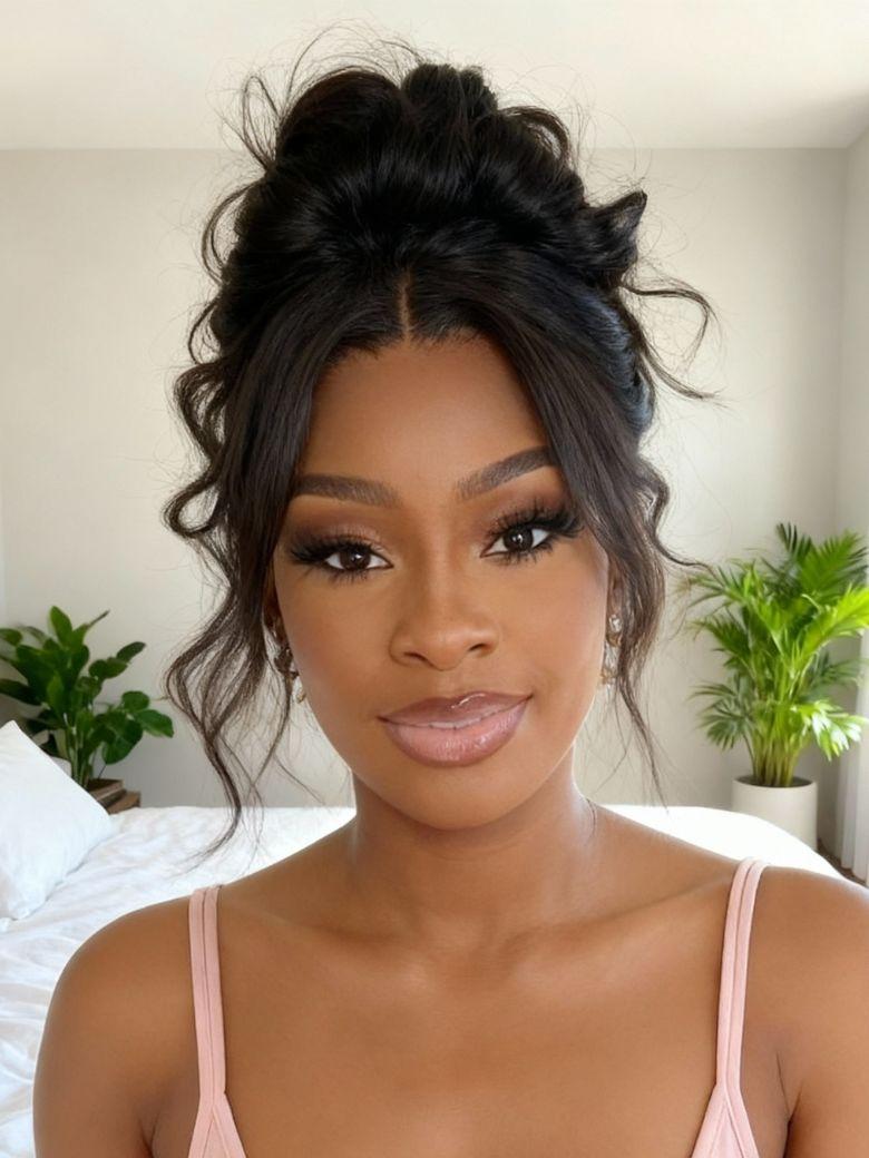 A model displays the UNice 180% Density 7x5 Bye Bye Knots Butterfly Cut Body Curls Lace Wig with, showing a model with a messy bun in her hair and body wave texture.