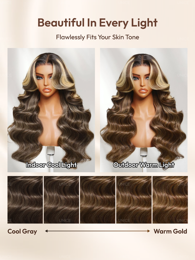 The UNice 13x4 Bye Bye Slip Lace Frontal Honey Brown Loose Wave Drawstring Wig with image highlights Beautiful In Every Light, FlawlesslyFitsYourSkinTone, IndoorCool.