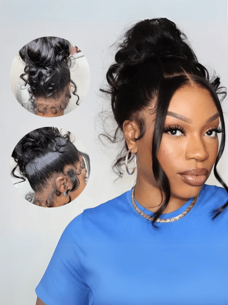 A model displays the UNice 360 Lace Frontal 180% Density Body Wave Human Hair Wig, showing a model with her hair in a ponytail and body wave texture, lace finish.