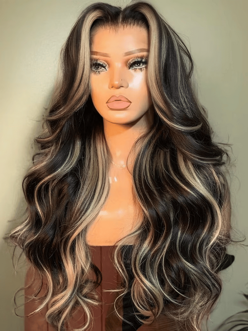 A model displays the UNice $169=2 wig 20" 7x5 Bye Bye Slip Wig and Glueless Wig, showing a model with long wavy hair wearing a brown and black wig and 7x5, glueless wear.