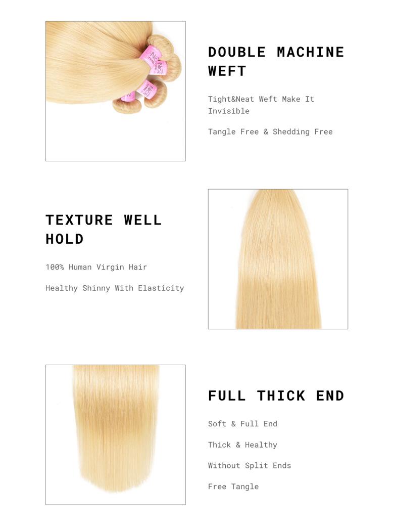 The UNice Hair 613 Blonde Virgin Human Hair Extension Bundles 10-24 Inch 3PCS Straight Hair image highlights DOUBLE MACHINE, WEFT, Tight&Neat Weft Make It, Invisible.