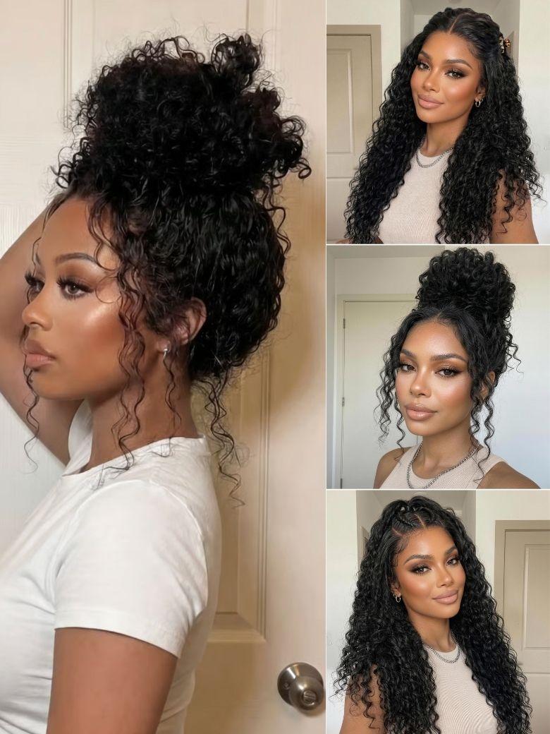 A model displays the UNice 13x4 Pre-Everything Pre-Cut HD & Transparent Lace Front Water Wave Drawstring wig, showing a model with curly hair in a white shirt and water.