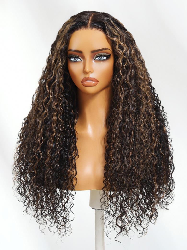 The UNice 20"-24" Highlight Bouncy 13x4 Drawstring Water Wave Curly Pre-Everything Lace wig product image shows a wig with long curly hair on a mann and water wave.