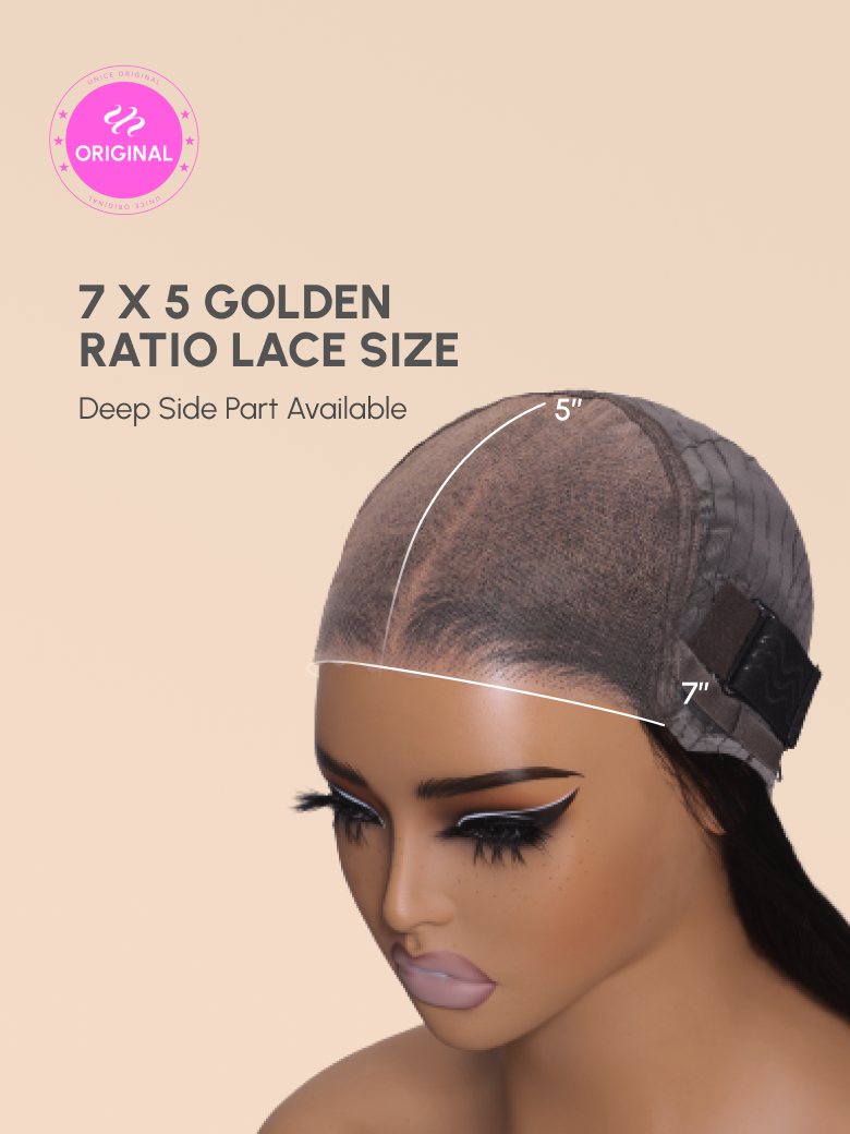 A model displays the UNice 7x5 Glueless Bye Bye Knots Body Wave Wig Pre Cut Lace Pre Plucked Hairline Put, showing the front of a woman ' s head with a ponytail ponytail.
