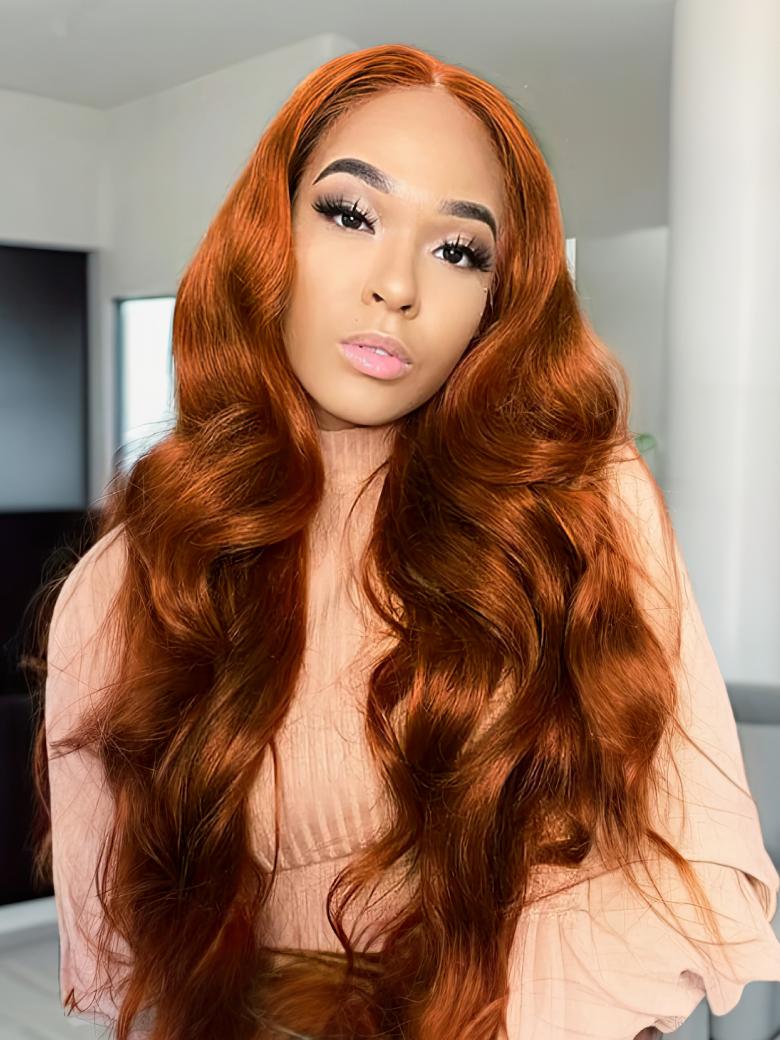 A model displays the UNice #30 Colored Hair Bundles 1 Bundle 100g Remy Hair Extensions Brown Color Body, showing a model with long red hair and a pink shirt and body.