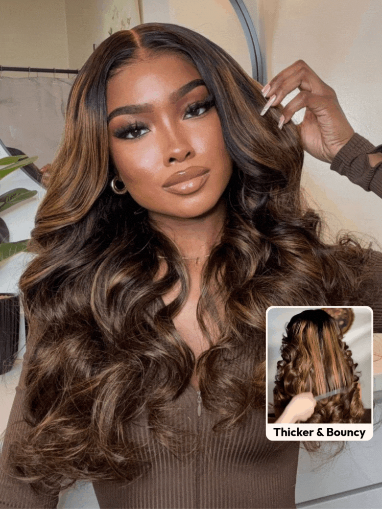 A model displays the UNice Ins Exclusive Discount UNice 7x5 Bye Bye Knots Wig Glueless Lace Balayage, showing a model with long brown hair and a brown sweater and body.