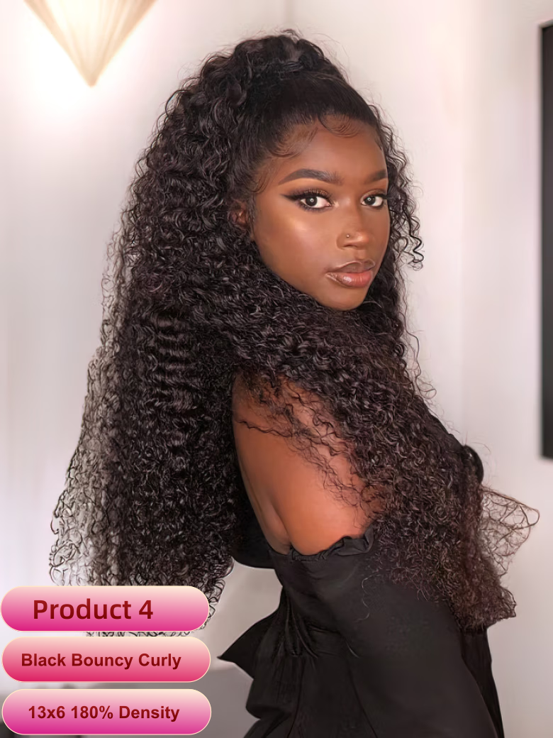 A model displays the UNice 13x4/13x6 HD Lace Frontal Straight/ Deep Wave/ Curly Wig 180%-250% Density, showing a model with long curly hair and deep wave texture.