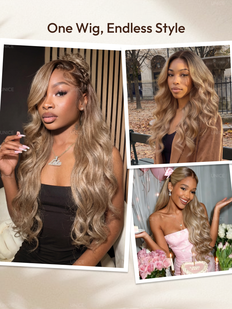 A model displays the UNice Ash Blonde With Brown Roots No Slip 13x4 Pre-Everything Lace Frontal Body Wave, showing one wig and body wave texture, 13x4, lace finish.