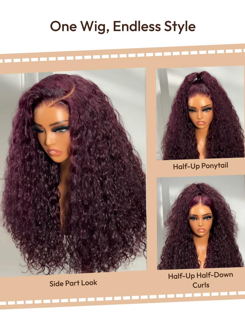 The UNice 13x4 Pre-Everything Lace Frontal Black Cherry Water Wave Glueless Drawstring image highlights One Wig, Endless Style, Half-Up Ponytail, Half-UpHalf-Down, one.