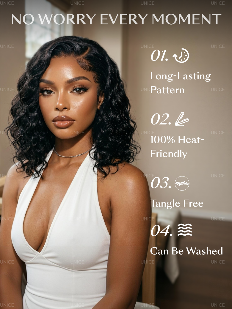 A model displays the UNice Bye Bye Slip 6X4 Glueless Lace "C" Side Part Loose Wavy Bob Drawstring Wig For, showing a model with long curly hair and a white dress.