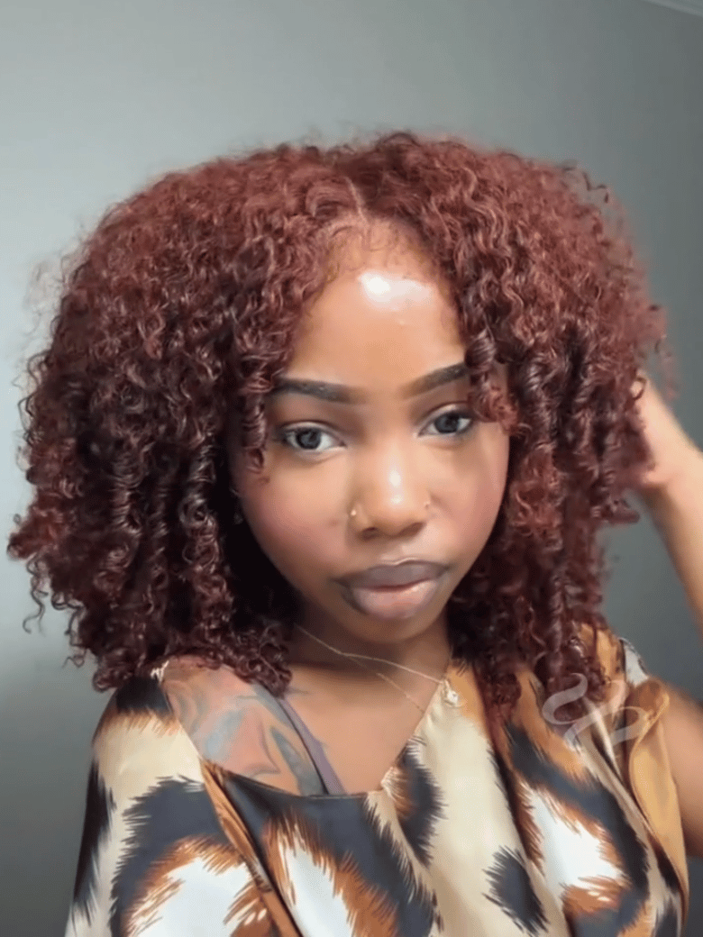 A model displays the UNice 7x5 Bye Bye Knots Wig Glueless Lace Sunset Reddish Brown Jerry Curly/ Afro, showing a model with curly hair and a floral shirt and straight.