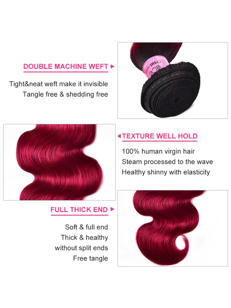 The UNice Pre-Colored Human Hair Weave #TB Burgundy Color Body Wave & Straight Hair bundles image highlights DOUBLEMACHINEWEFT, Tight&neatweftmakeitinvisible.