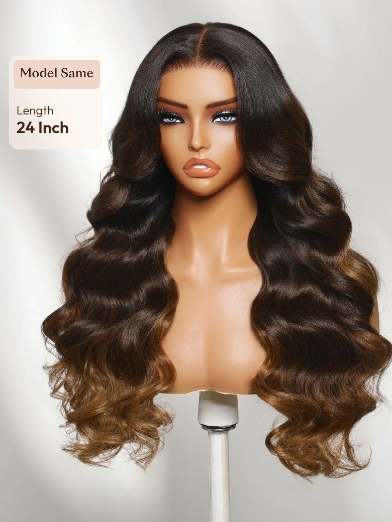 The UNice 13x4 Bye Bye Slip Lace Frontal Dark to Brown Ombre with Caramel Blonde Ends visual image position 4 shows a wig with long wavy hair on a mann | body wave.