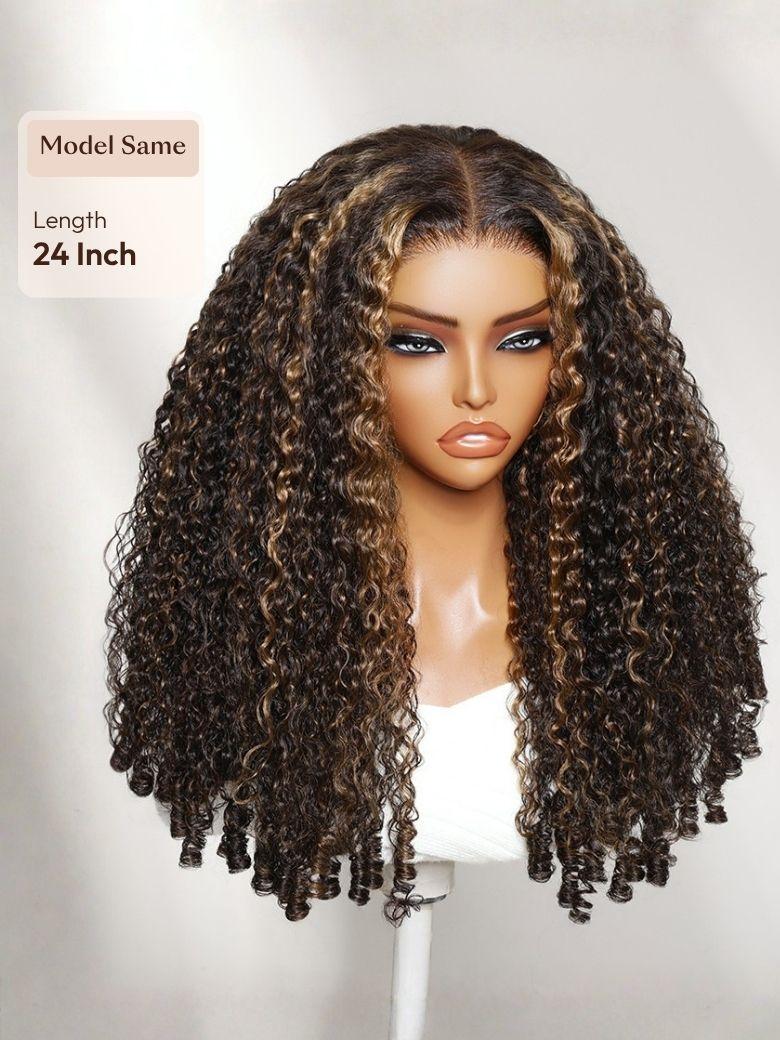 A model displays the UNice Bye Bye Slip 7x5 Lace Warm Brown with Beige Blonde Ribbon Highlights Layered wig, showing a model with blonde hair and a black top.