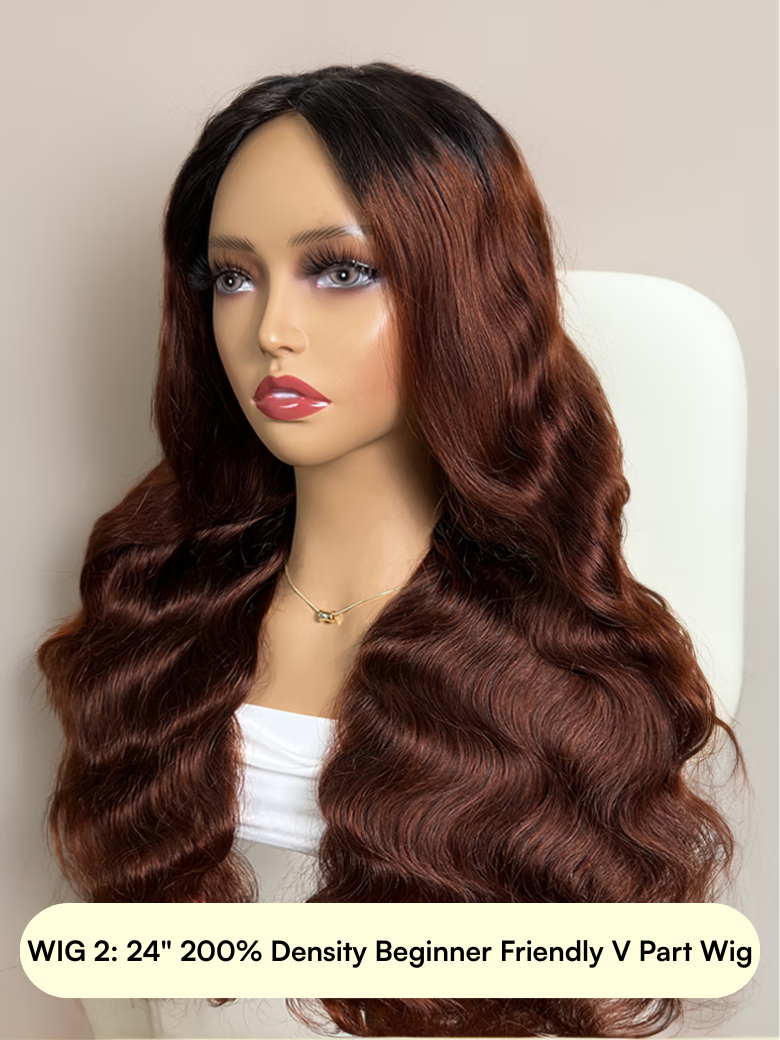 A model displays the UNice 22-28 Inch High-Density (200%+) Humanl Hair Wig, showing a wig with long wavy hair and a white top.