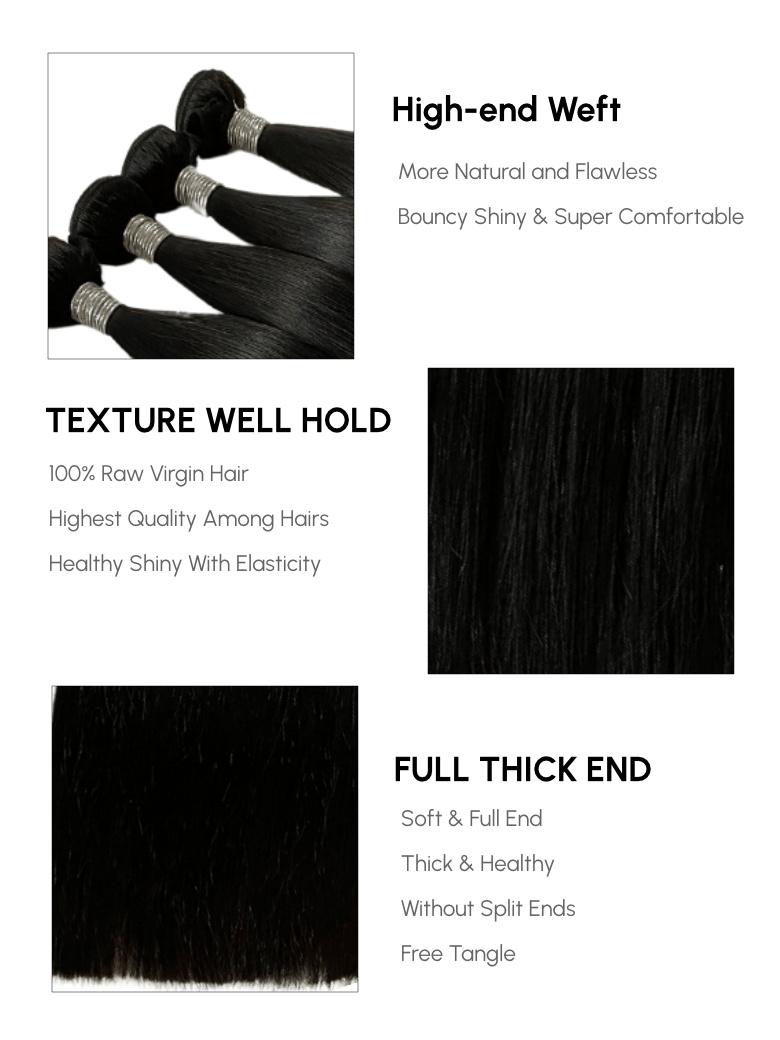 The UNice Premium Raw Virgin Hair Straight Bundles image highlights High-end Weft, MoreNaturalandFlawless, BouncyShiny&SuperComfortable, TEXTUREWELLHOLD, the hair.