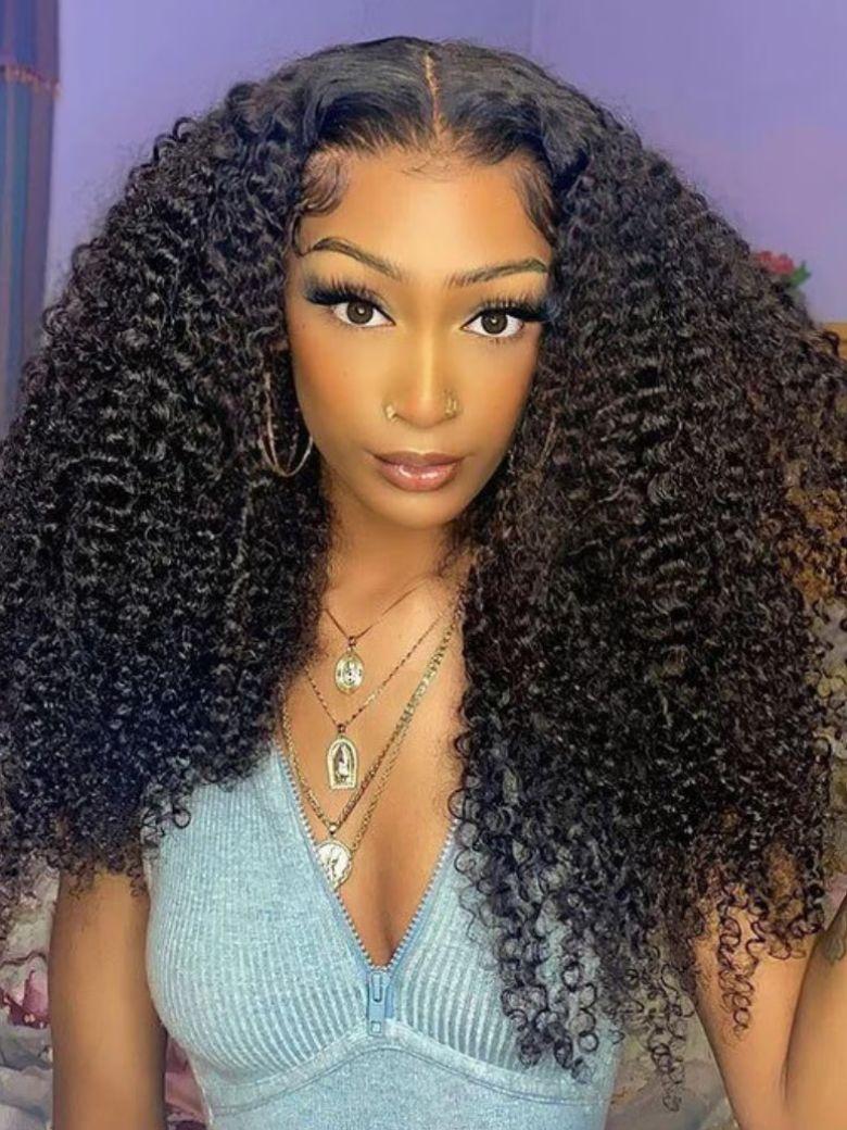 A model displays the UNICE $129 Surprise Box Win 13x4 Lace 200% Density Wig Value $299-$399, showing a model with long curly hair wearing a blue dress and 13x4, lace.