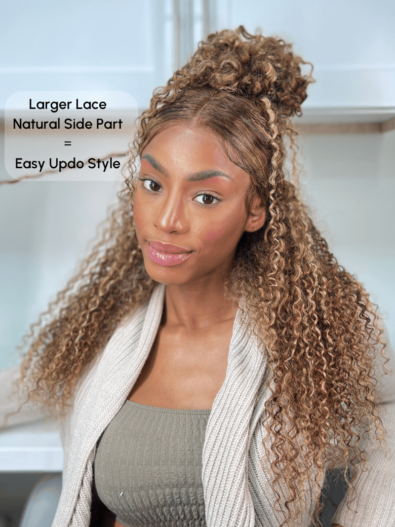 A model displays the UNice 13x4 Pre-Everything Lace Frontal Honey Blonde Highlights Jerry Curly Wig Real, showing a model with long curly hair and a white sweater.