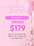 The UNice 2 wig $179 Surprise Box - Value $269-$379 image highlights Surprise Box, 2WIGS, Wigl: 24'-28"GluelessWig, Wig2:14'-18"13x4LaceWig and surprise box - vip vip.