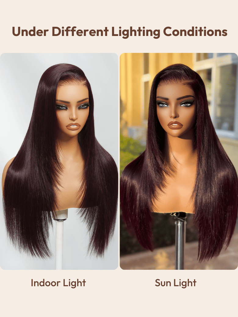The UNice 7x5 Byebye Knots Lace Black Cherry Layered Straight Hair Wig 150% Density image highlights Under Different Lighting Conditions, IndoorLight, SunLight, a full.