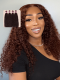 A model displays the UNice Vibrant Reddish Brown Jerry Curl 4Pcs 100% Remy Human Hair Bundles Deal, showing a model with long curly hair and a black top and jerry curl.