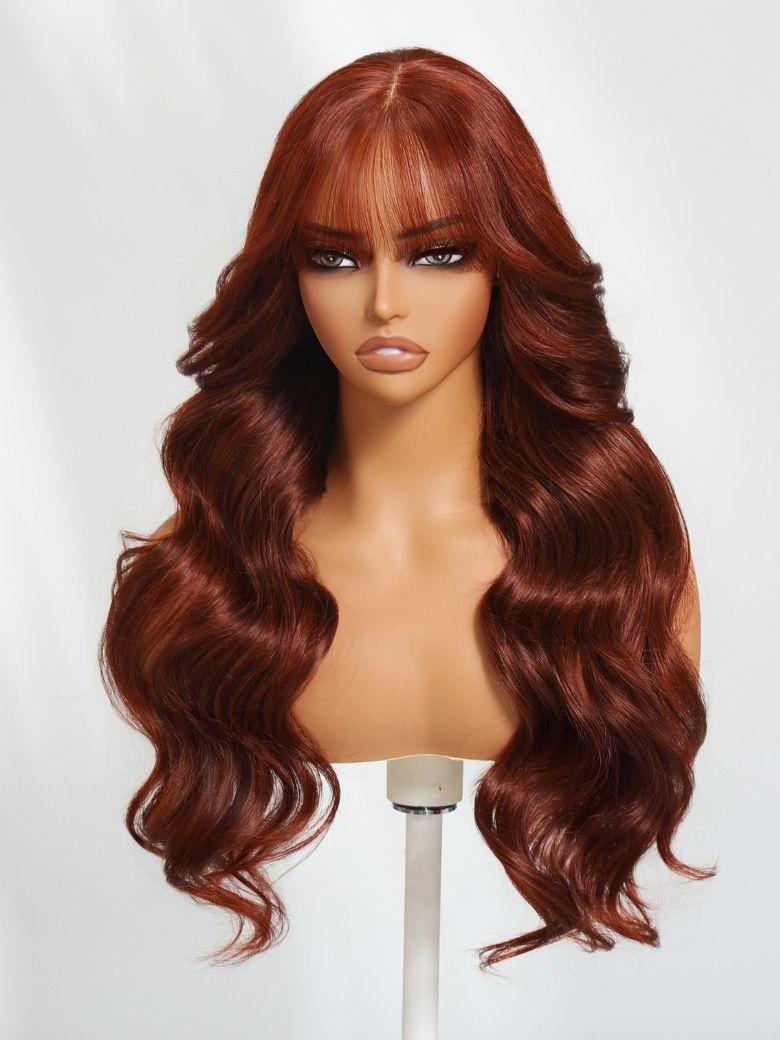 The UNice Ins Only 7x5 Bye Bye Knots Reddish Brown Kinky Curly & Straight & 13x4 wig product image shows a long red wig with wavy hair and loose wave texture, straight.