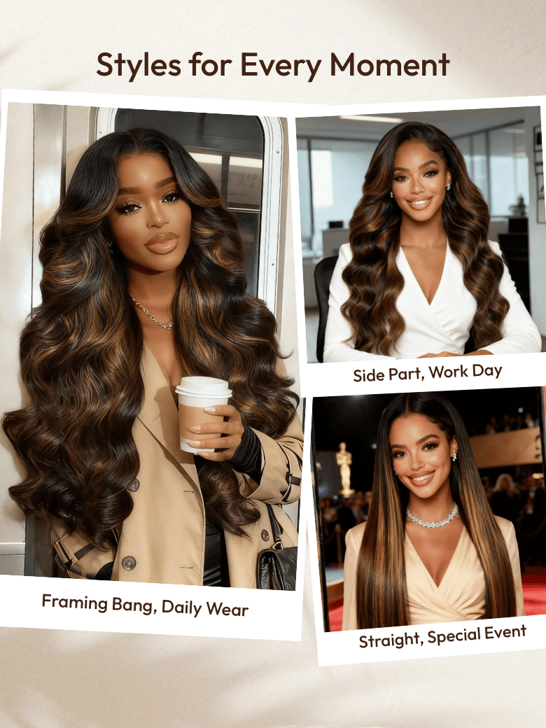 A model displays the UNice 13x4 Pre-Everything Lace Front Wig Balayage Highlights Body Wave Wig, showing a col of three different styles of hair and body wave texture.