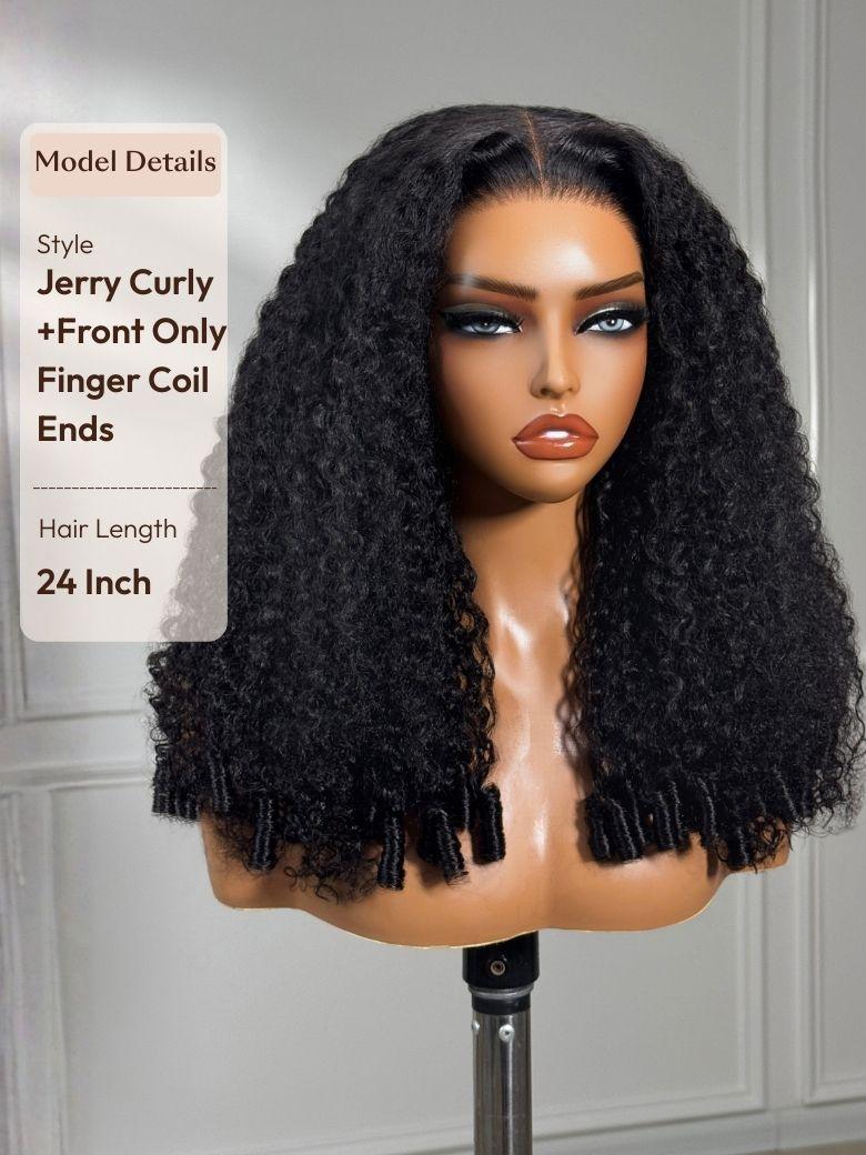 The UNice 7x5 Lace Bye Bye Slip Natural Black Afro Kinky Curly with Finger Coil Ends wig product image shows a wig with long curly hair on a mann and kinky curly.