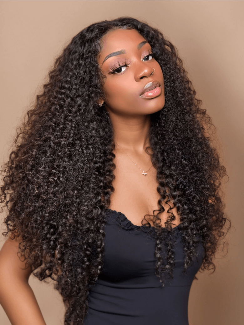A model displays the UNice 200% Density 13x4 Larger Lace Frontal Curly Hair wig Pre Plucked Human Hair, showing a model with long curly hair and curly texture, 13x4.
