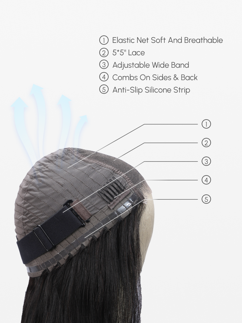 The UNice 20 Inch 5x5 HD Pre Cut Lace 0 Skill Needed Put On And Go Glueless Body Wave image highlights ElasticNetSoftAndBreathable, 5*5"Lace, AdjustableWideBand.