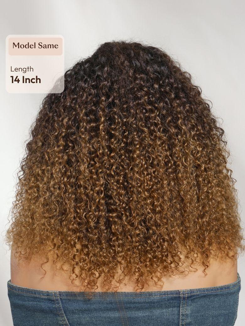 A model displays the UNice 7x5 Bye Bye Slip Lace Dark Brown to Golden Caramel Ombre Curly Glueless Wig, showing a model with curly hair and a denim shirt and curly.