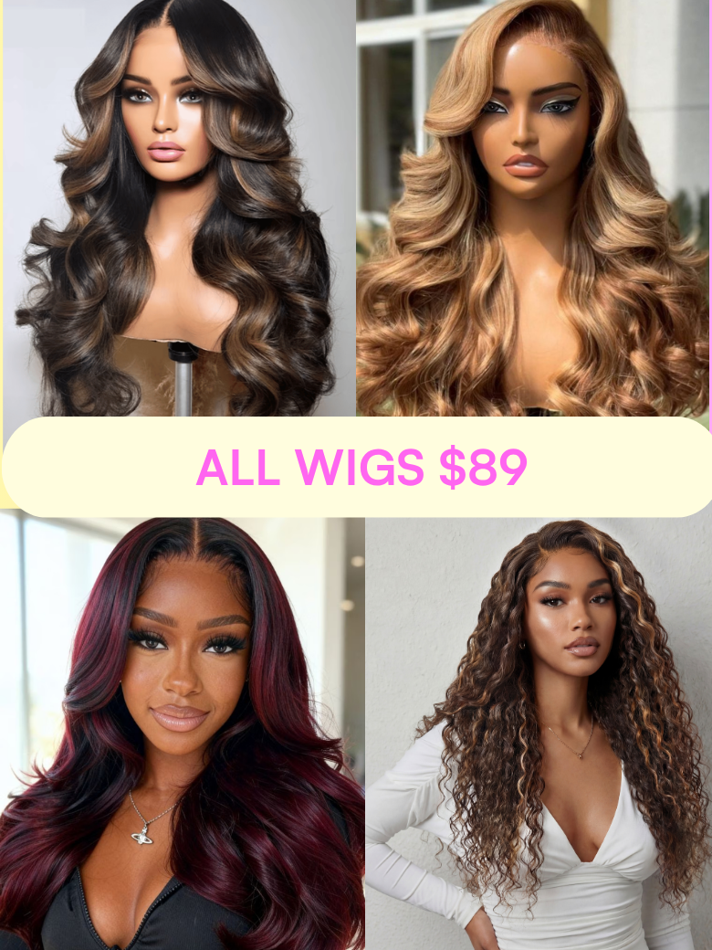 A model displays the UNice All wig $89: Bye Bye Knots Wig 13x4 Pre-Everything Lace Wig, showing a col of different wigs and 13x4, lace finish.