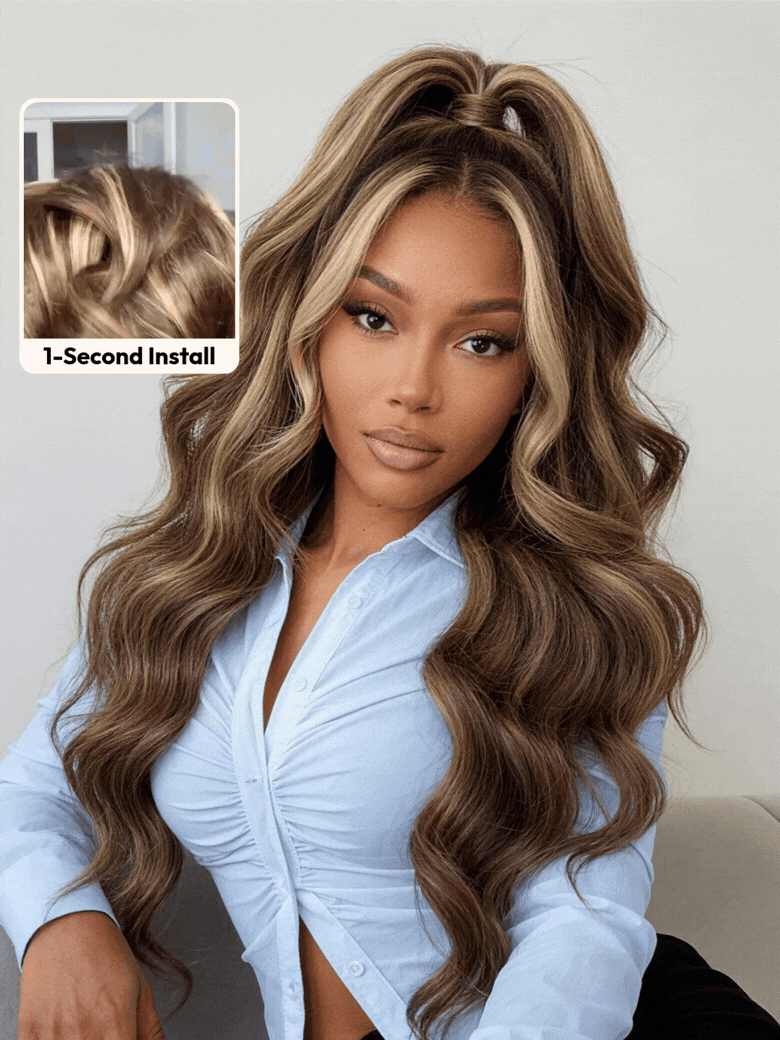 A model displays the UNice 13x4 Bye Bye Slip Lace Frontal Honey Brown Loose Wave Drawstring Wig with, showing a model with long hair and a blue shirt and loose wave.