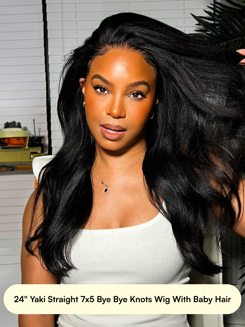 A model displays the UNice Each 24" Lace Wig Only $129, showing a model with long black hair and a white top and lace finish.