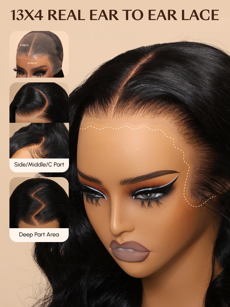 A model displays the UNice 7x5 Byebye Knots Lace Reddish Brown Body Wave Bleached Knots Blend Seamless Wig, showing a model with a full lace closure closure and body.