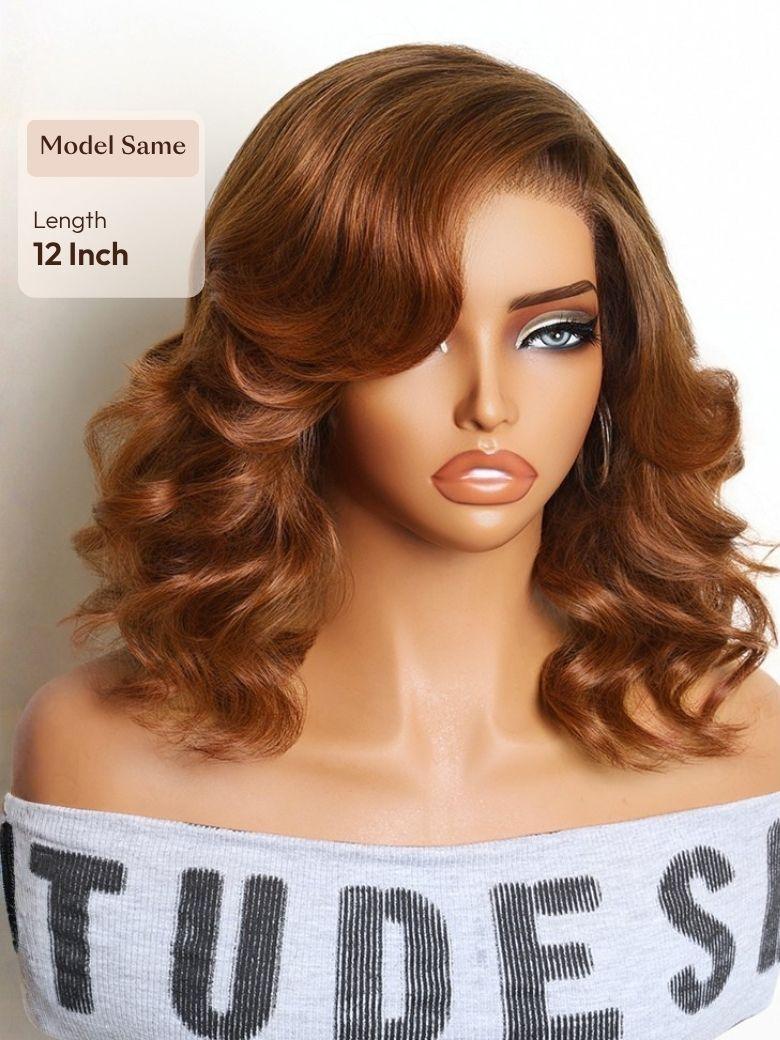 A model displays the UNice 13x4 Bye Bye Slip Lace Frontal Soft Water Wave Glueless Wig with Fluffy Loose, showing a woman holding a coconut and a drink and water wave.
