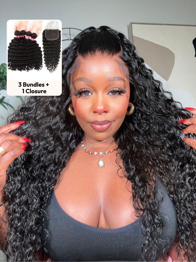 A model displays the Unice Deep Wave 4 Bundles with 5x5 Free Part HD Lace Closure Natural Black, showing a model with long curly hair and a black top and deep wave.
