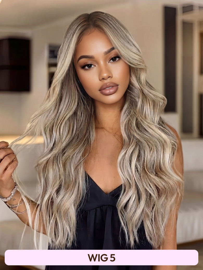The UNice 13x6 Front Lace 180% Density Honey Highlight 20 Inch wig visual image position 6 shows a model with long blonde hair and a black top | highlight, 13x6, lace.