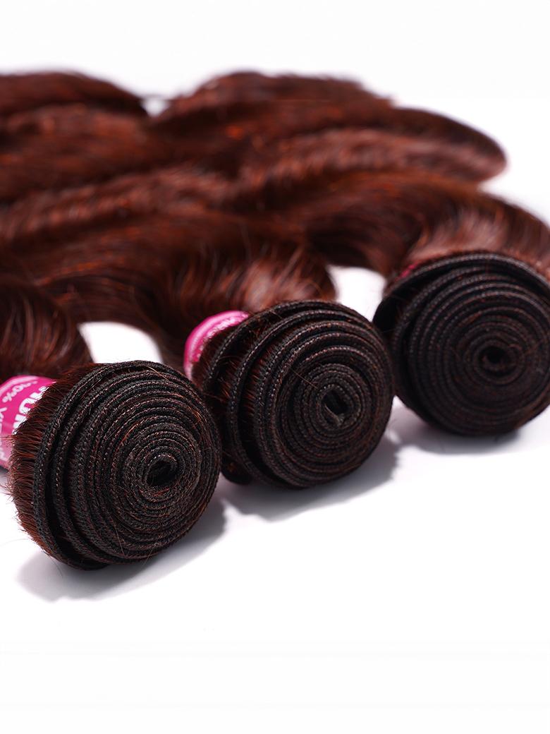 The UNice Dark Auburn Body Wave Remy Human Hair 3 Bundles With Closure Deal image highlights CO, a bunch of brown hair and body wave texture, bundle fullness.