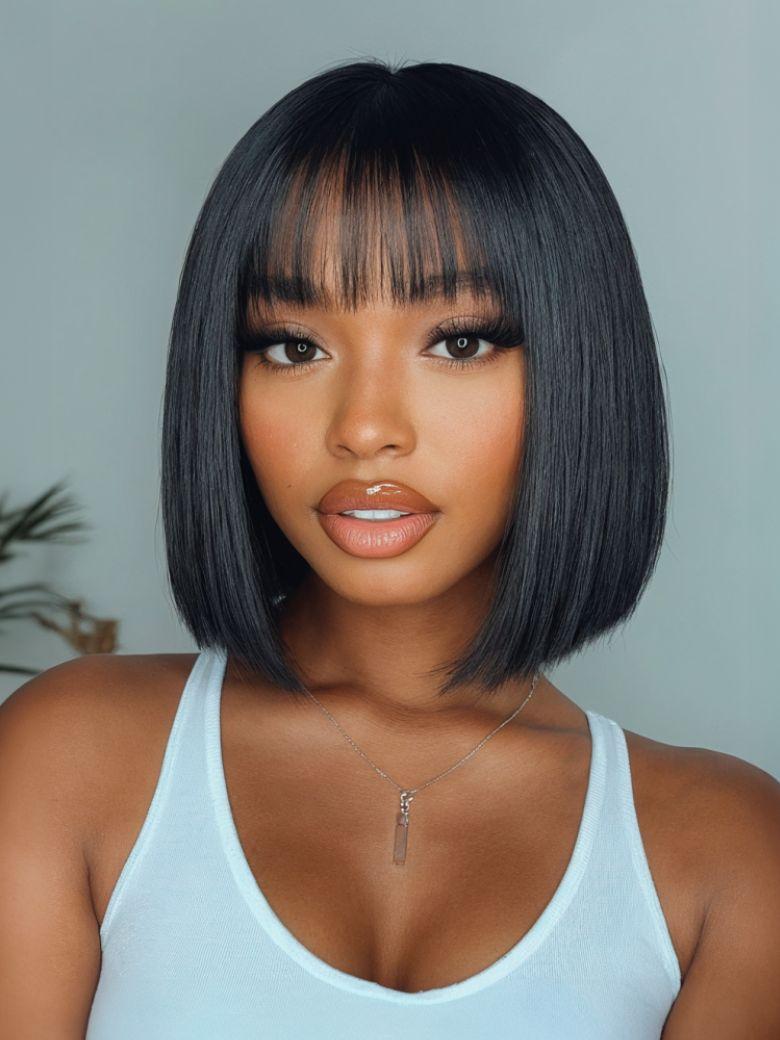 A model displays the UNice Straight Bob Black Wig Human Hair Glueless Wig with Blunt Bangs 150% Density, showing a model with a black bob bob bob bob bob bob bob bob bob.