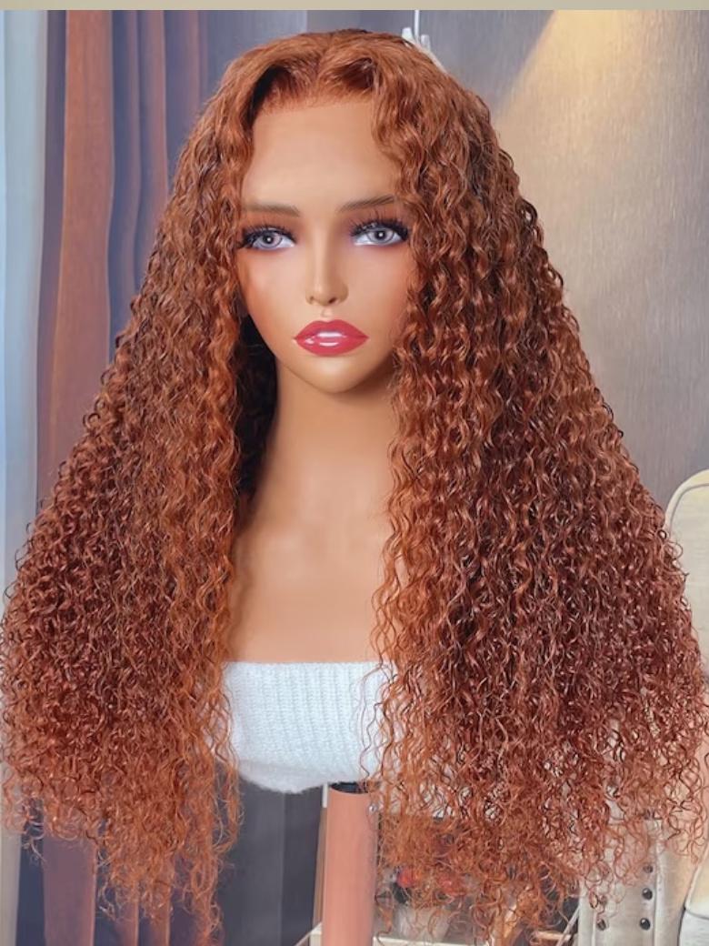 A model displays the UNice 13x4 Lace Frontal Auburn Brown Hair Color Jerry Curly Lace wig With Baby Hair, showing a wig with curly hair and a wig with curly hair.