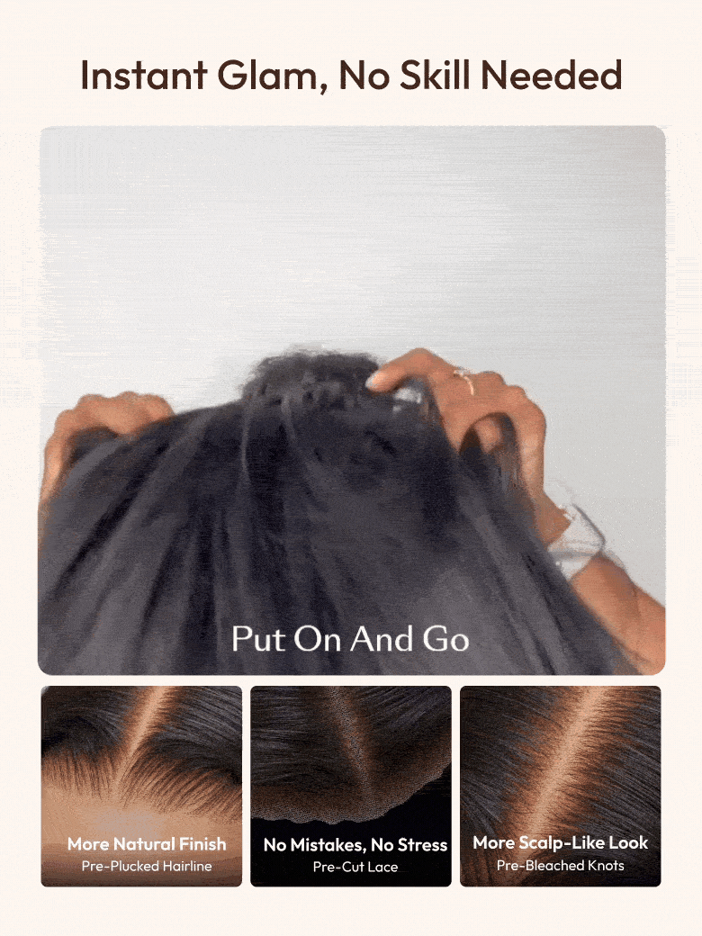 UNice glueless put-on-and-go yaki bob wig diagram highlighting the pre-cut lace, pre-plucked hairline, and bleached knots.