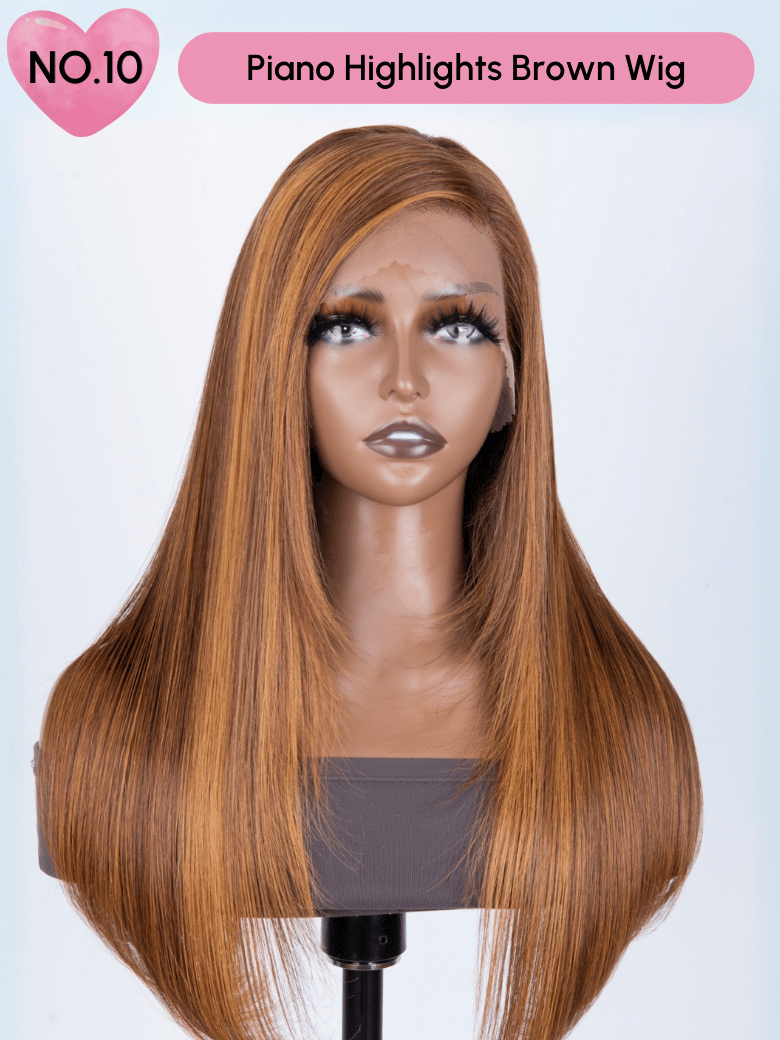 A model displays the UNice 24 Inch 180% Density 13x4 Lace Frontal Wig Last Chance Sale wig, showing a wig with long hair and a pink heart and 13x4, lace finish.