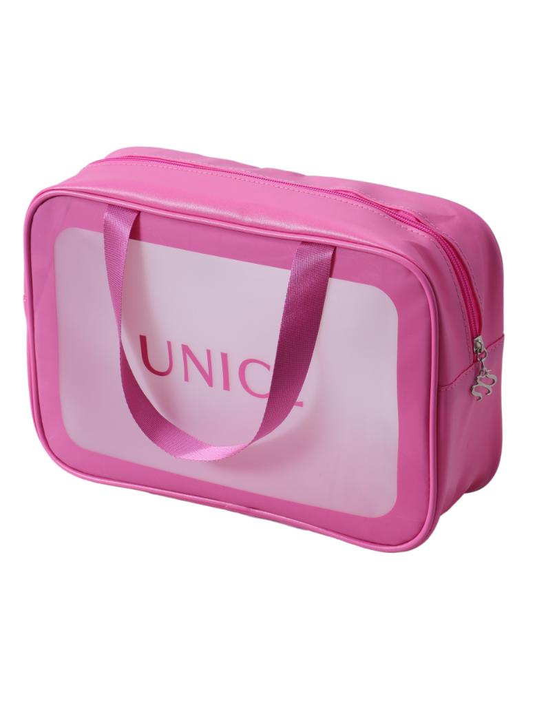 The UNice Bubble Gum Pink Wash Bag Makeup Bag image highlights UNIC and a pink bag with the word un on it.