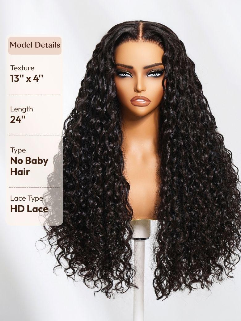 The UNice 20"-26" UNice 7x5 Bye Bye Knots & 13x4 HD Lace Put On And Go Glueless Water wig image highlights Model Details, Texture, 13"x4"", Length, a full wig with long.