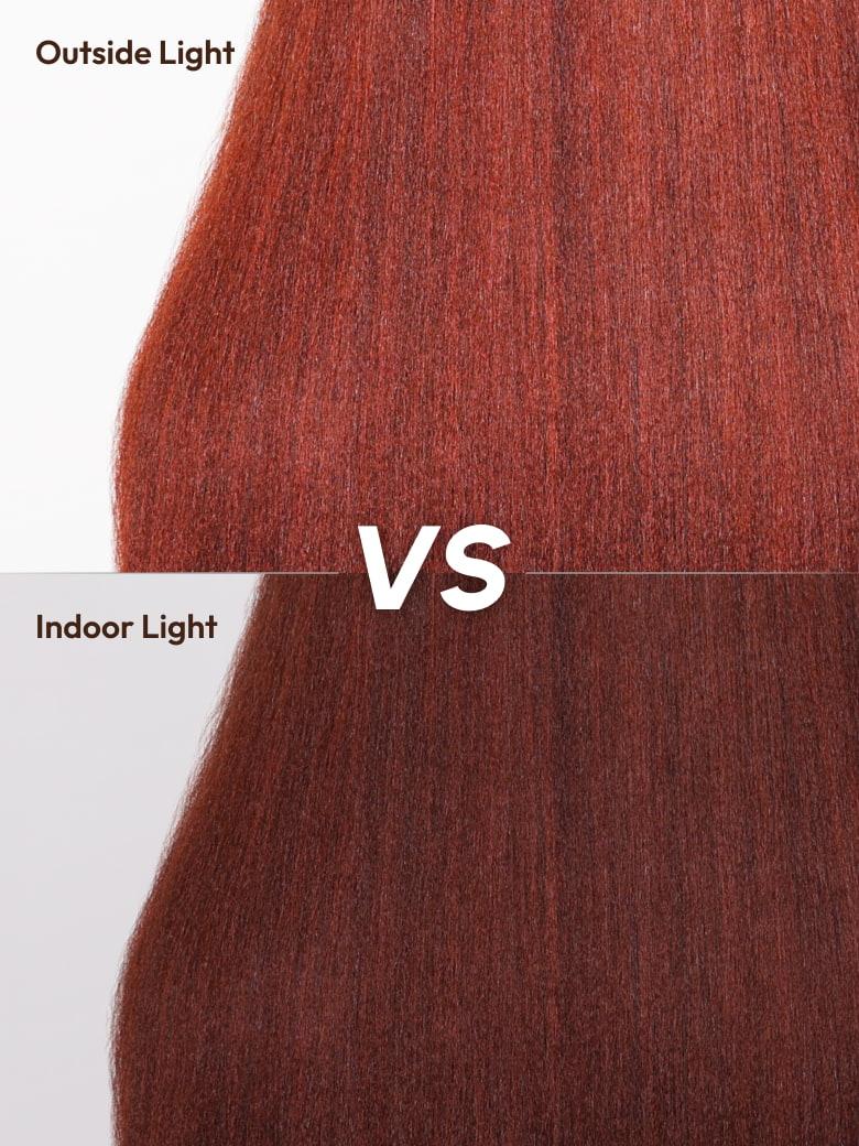 The UNice Warm and Sophisticated Reddish Brown Hair Paired With Yaki Textur7x5 Upgrade image highlights OutsideLight, VS, Indoor Light, a comparison of the hair color.
